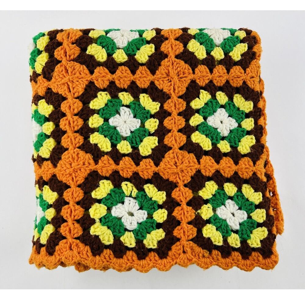 Vintage Crochet Granny Square Afghan Blanket Green Orange Brown Retro 70s Hippie